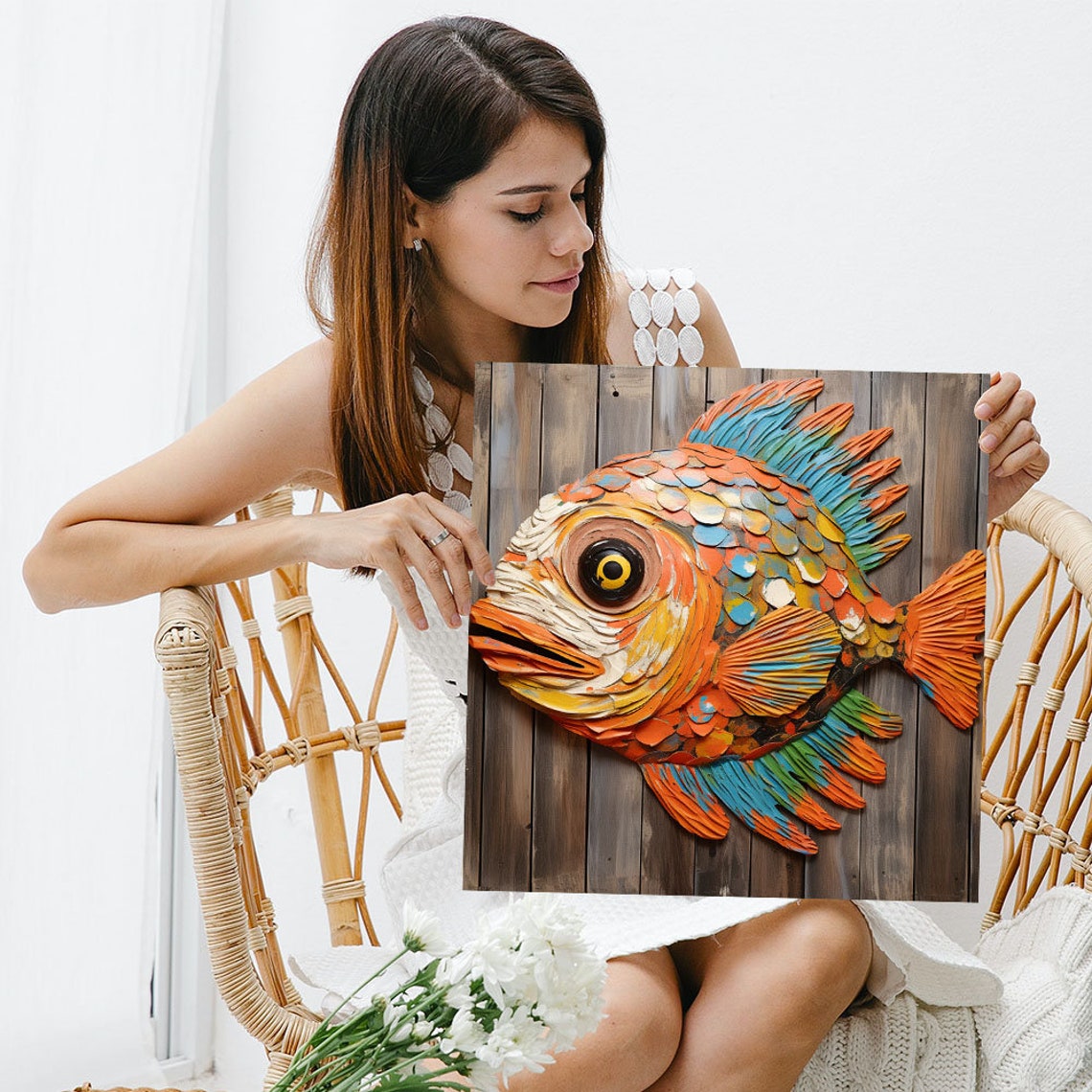Colorful Carved Wooden Fish Folk Art Rustic Plank Wall Decor Poster - Image 5