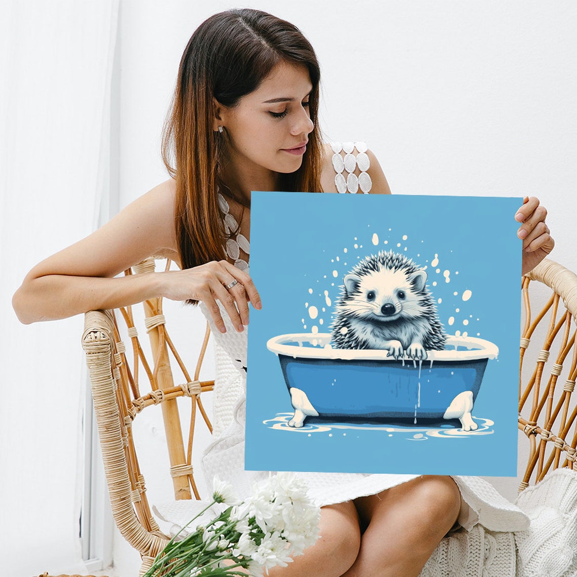 Hedgehog Bath Time Blue Bathtub Bubbles Splashes Cute Nursery Poster - Image 3