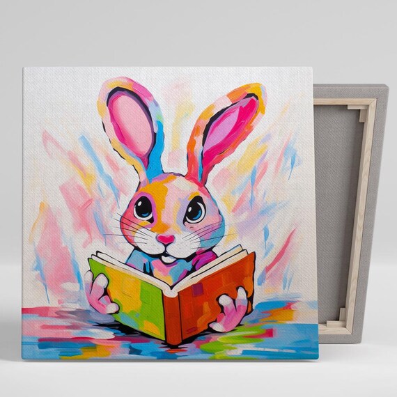 Rainbow Bunny Reading Book Colorful Watercolor Nursery Kids Room Poster
