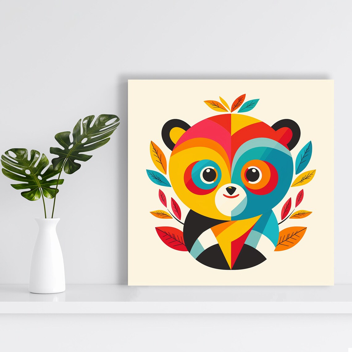 Geometric Kaleidoscope Panda Colorful Leaves Playful Nursery Wall Art Poster - Image 2