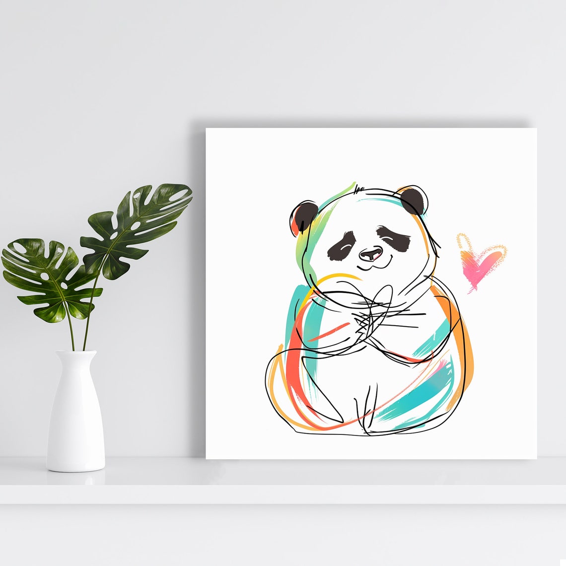 Zen Panda Minimalist Line Art Rainbow Heart Nursery Wall Art Poster - Image 2