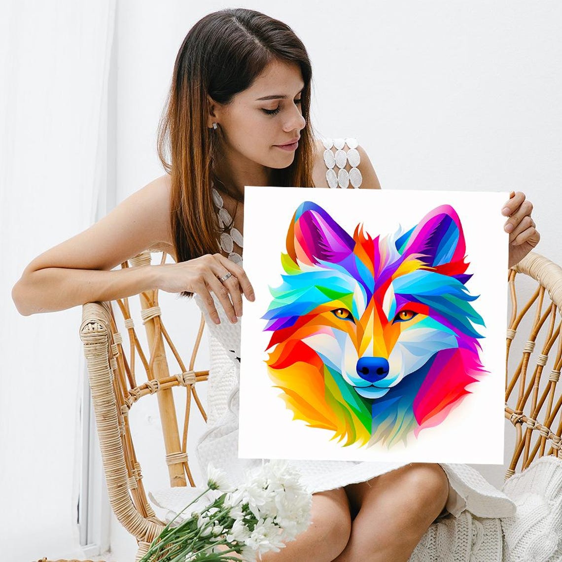 Rainbow Kaleidoscope Wolf Face Vibrant Multicolor Wall Art Poster - Image 3