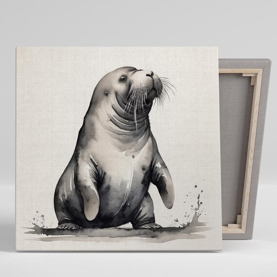 Serene Seal Watercolor Portrait Black White Soft Coastal Art Poster
