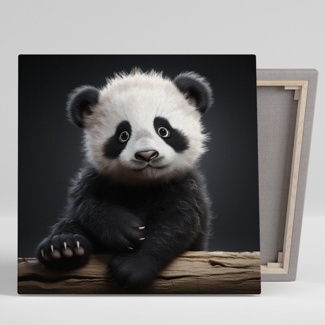 Baby Panda Cub Resting On Log Black Background Fluffy Cute Animal Poster