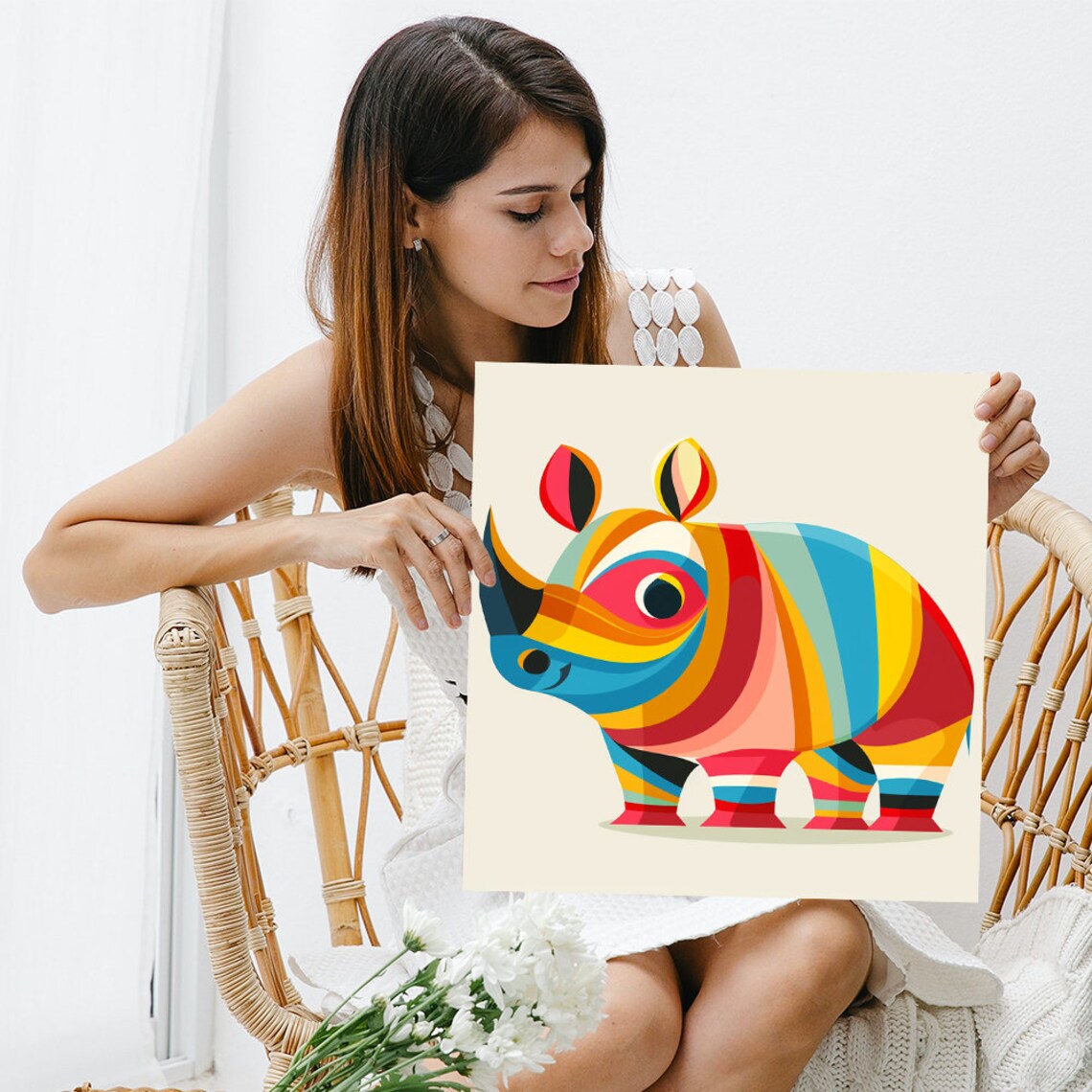 Geometric Rainbow Rhino Colorful Stripes Modern Minimalist Animal Poster - Image 3