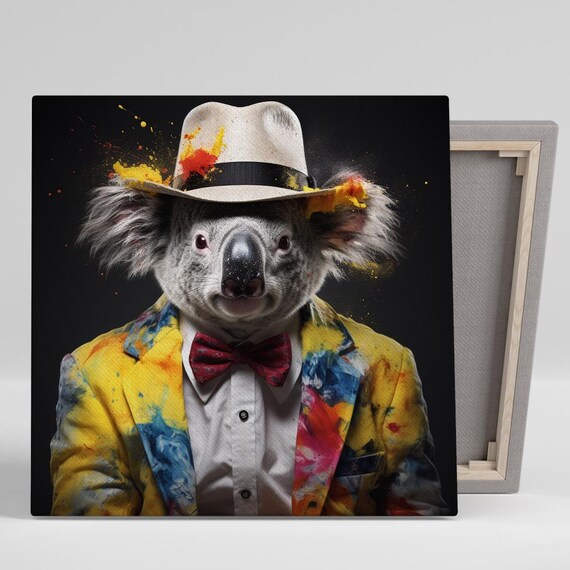 Dapper Koala Gentleman Fedora Bow Tie Paint Splatter Jacket Black Wall Poster