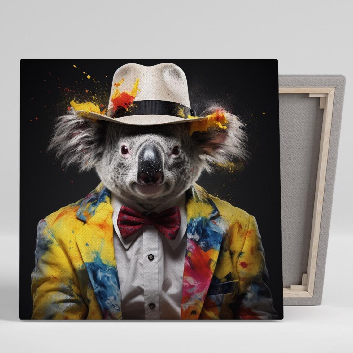 Dapper Koala Gentleman Fedora Bow Tie Paint Splatter Jacket Black Wall Poster