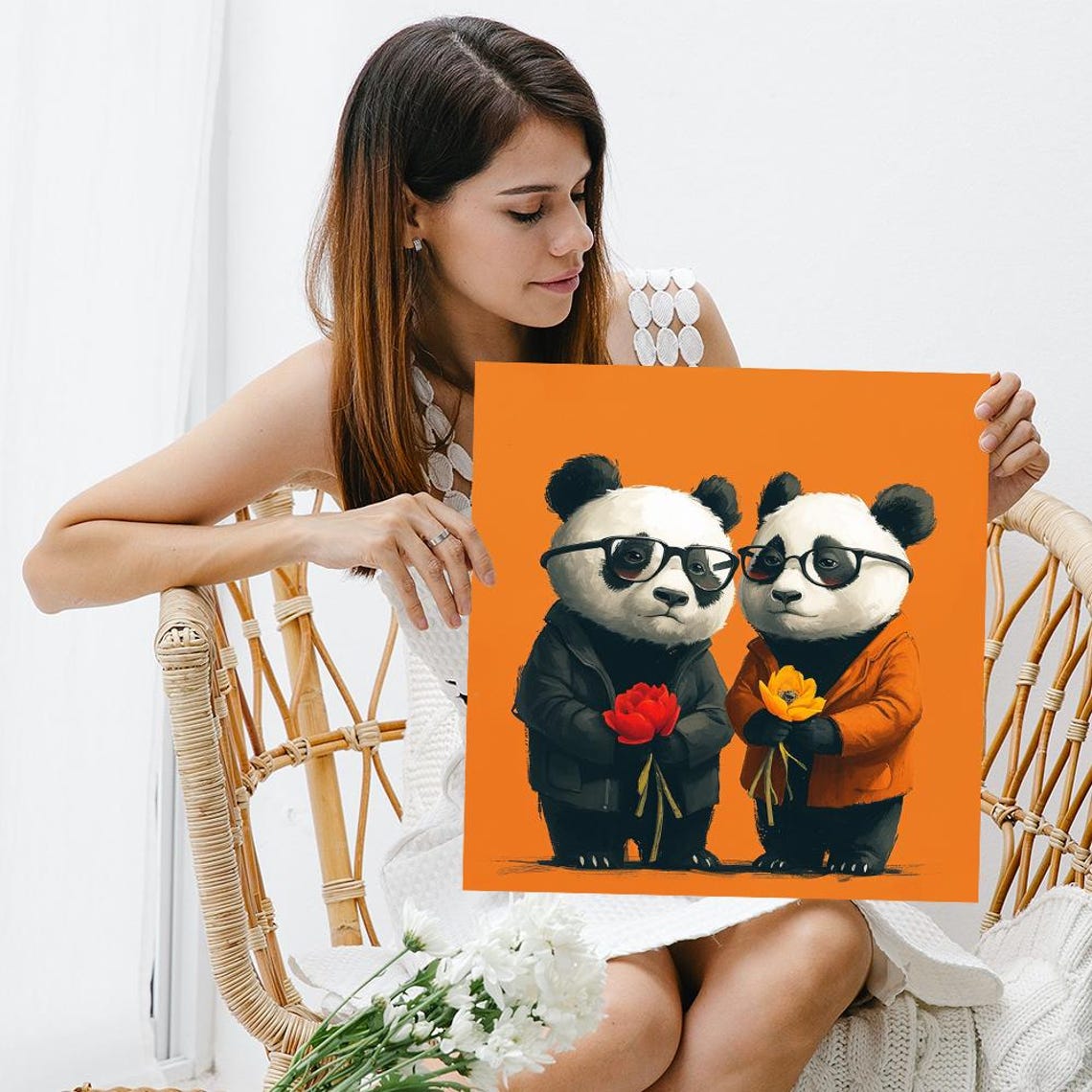 Hipster Panda Duo In Glasses Holding Flowers Warm Orange Art Poster - Image 3