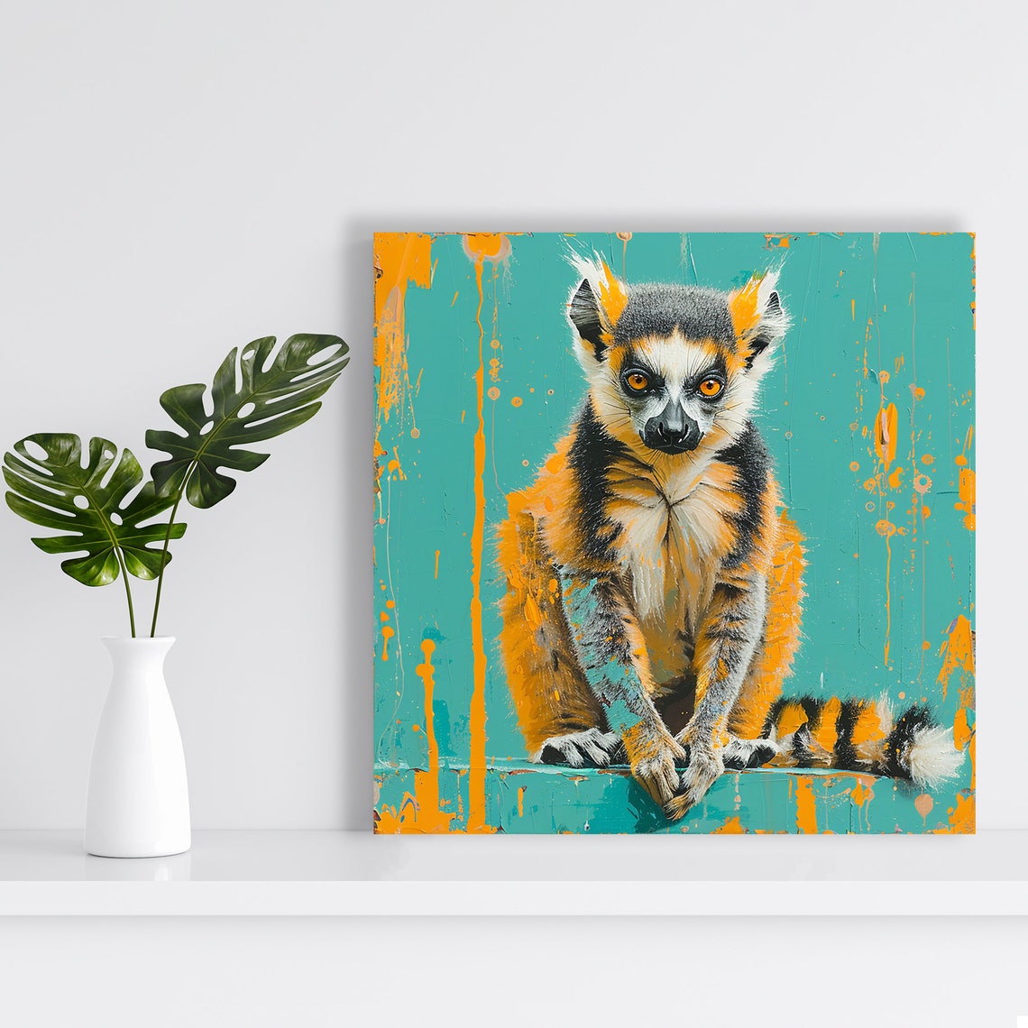 Lemur Splash Orange Teal Paint Abstract Modern Wildlife Art Poster - Image 2