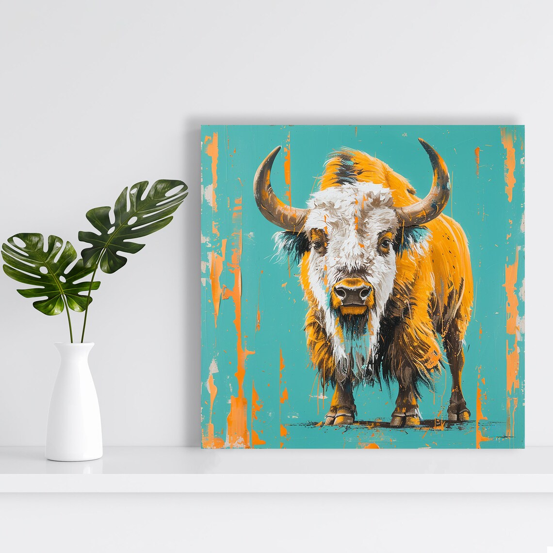 Highland Cow Portrait Teal Background Golden Shaggy Coat Animal Poster - Image 2