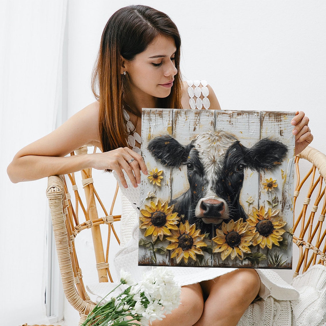 Rustic Black White Cow Sunflowers Farmhouse Wood Plank Art Poster - Image 3