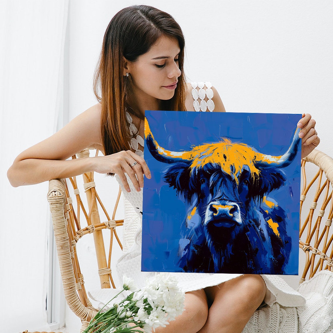 Highland Cow Cobalt Blue With Golden Forelock Palette Knife Poster - Image 3