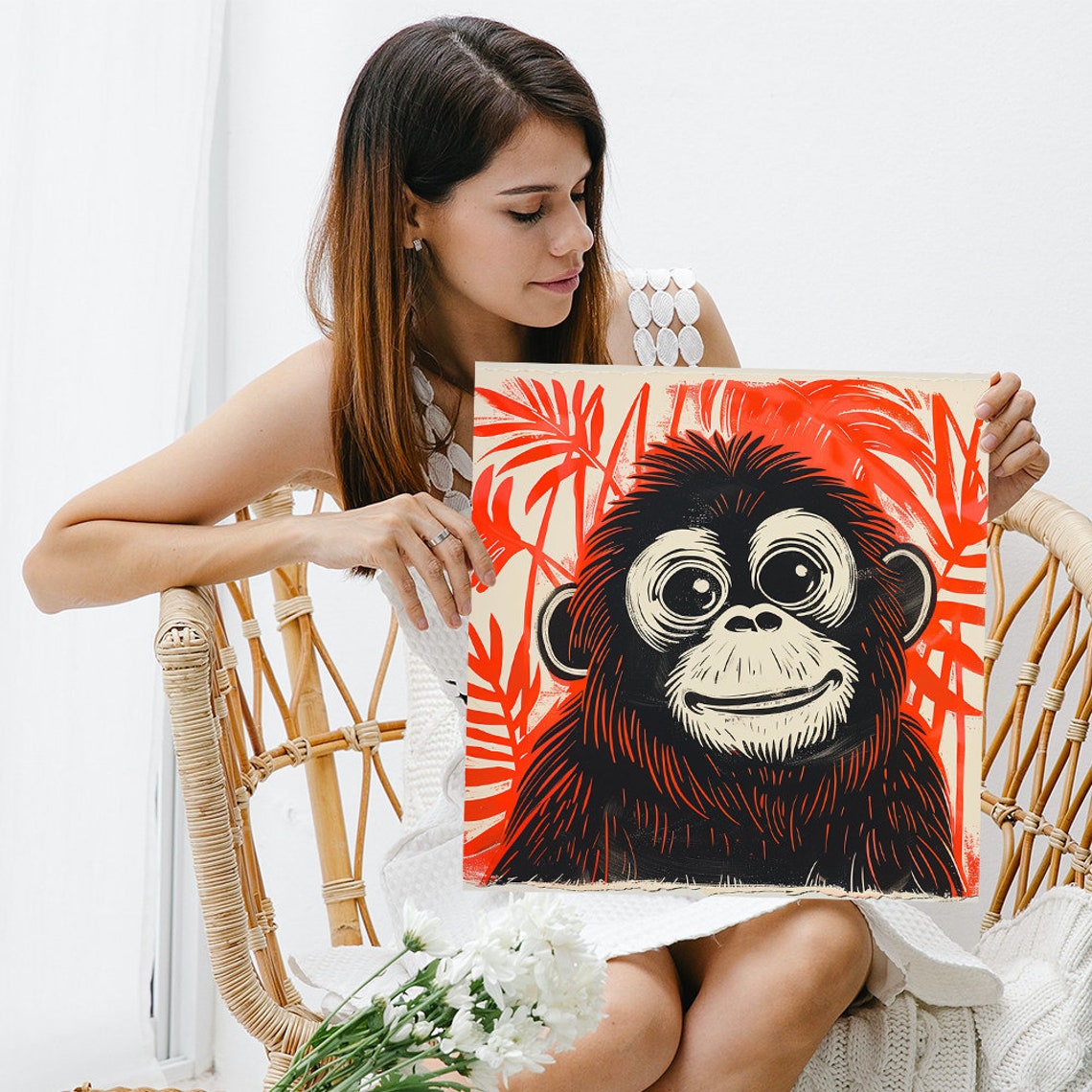 Bold Red Monkey Face Line Art Tropical Vintage Style Wall Poster - Image 3