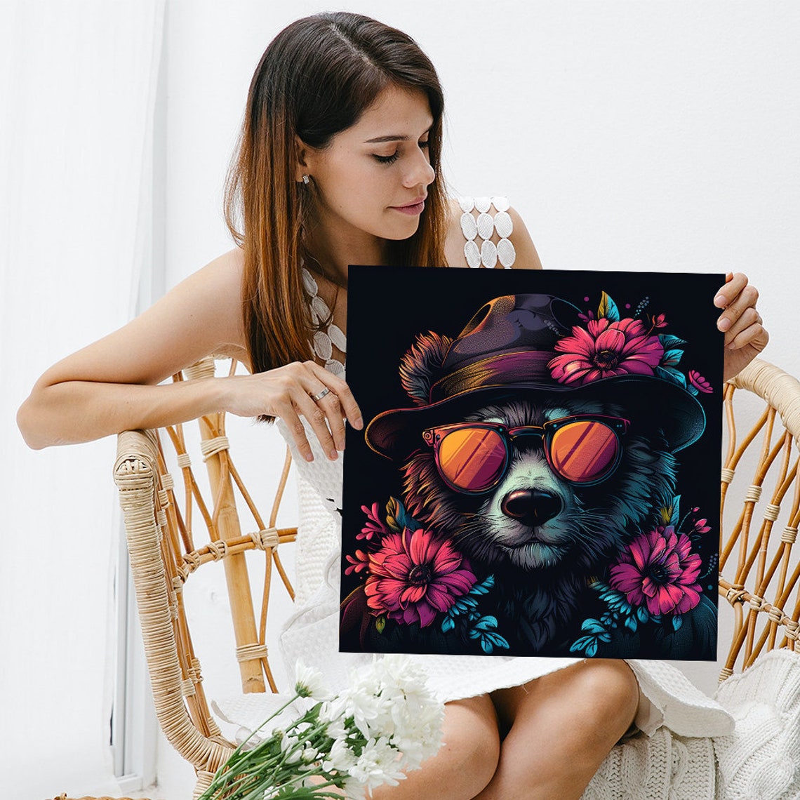 Hip Bear Wearing Orange Sunglasses Floral Hat Neon Black Wall Art - Image 3
