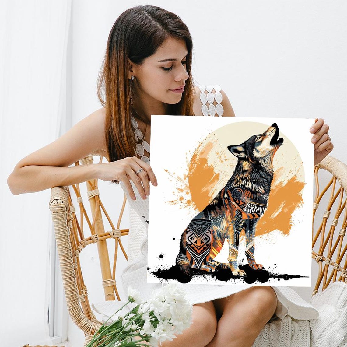 Howling Wolf Tribal Pattern Orange Moon Boho Spirit Animal Art Poster - Image 3