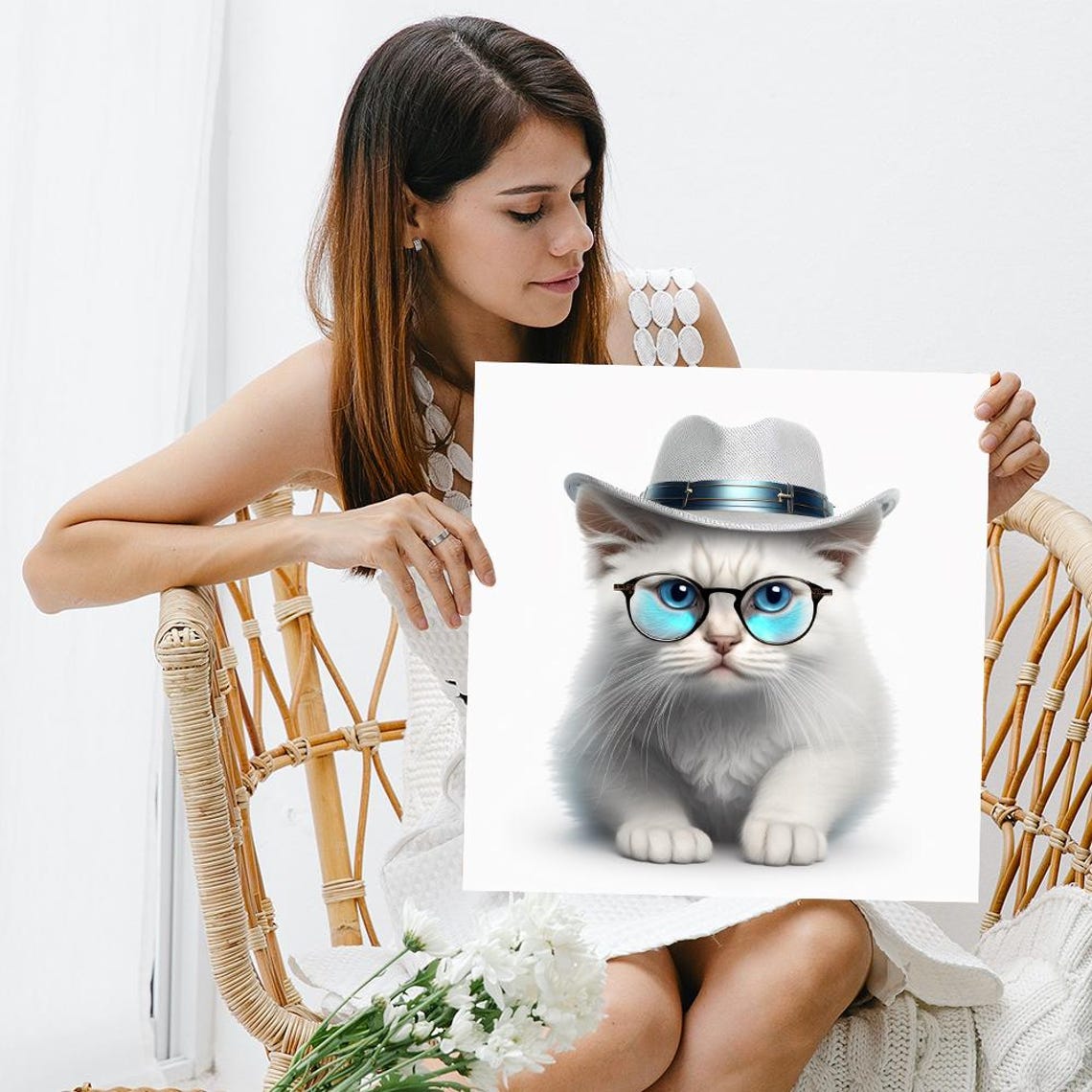 Hipster White Kitten in Fedora with Glasses Cute Dapper Animal Poster - Image 3