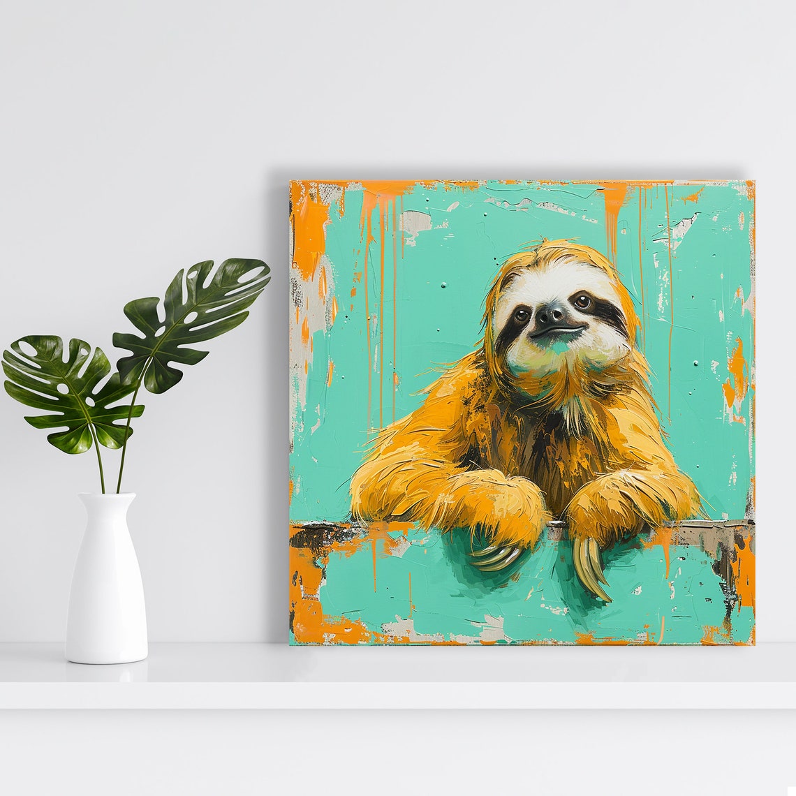 Sloth Peeking Over Ledge Turquoise Orange Bohemian Style Wall Art - Image 2