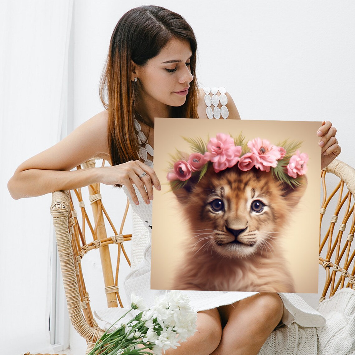 Adorable Lion Cub with Pink Floral Crown Nursery Portrait Wall Poster - Image 3