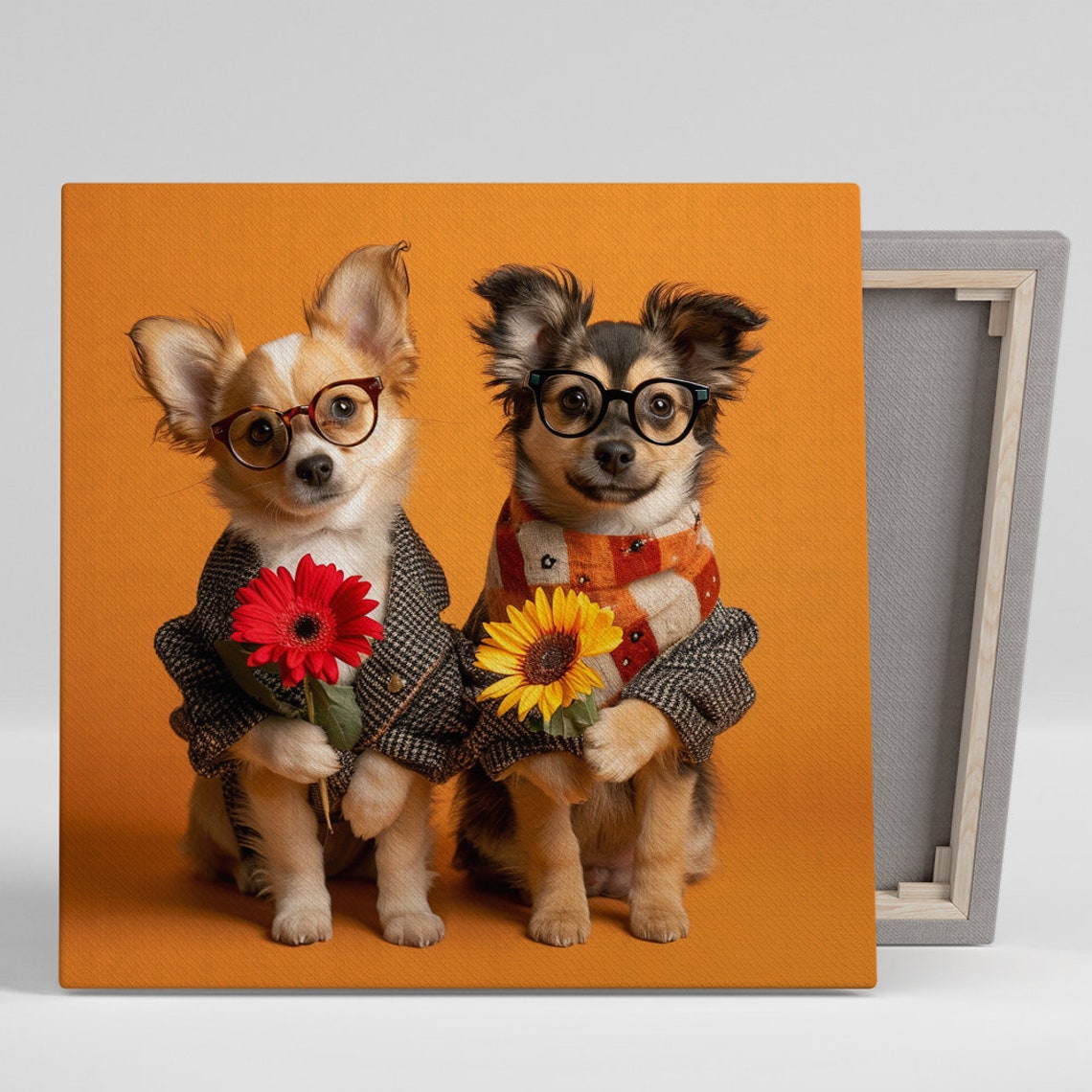 Two Chihuahua Dogs Glasses Flowers Hipster Cute Whimsical Poster