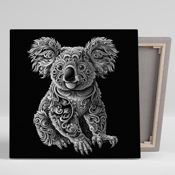 Ornate White Koala Mandala Zentangle Black Background Wall Poster