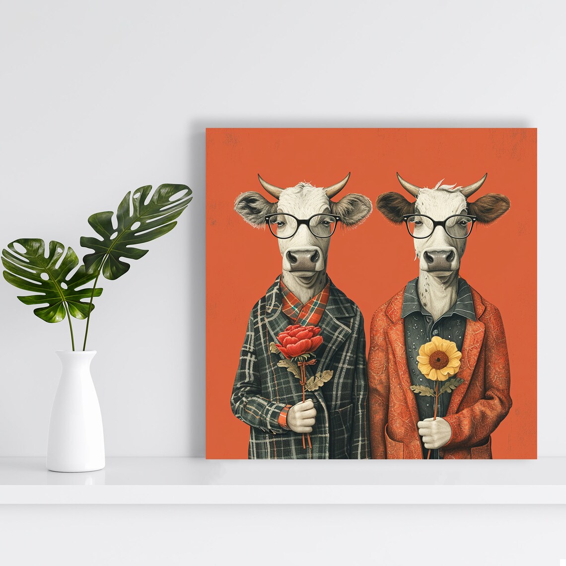 Hipster Cow Couple Glasses Blazers Holding Flowers Retro Orange Poster - Image 2
