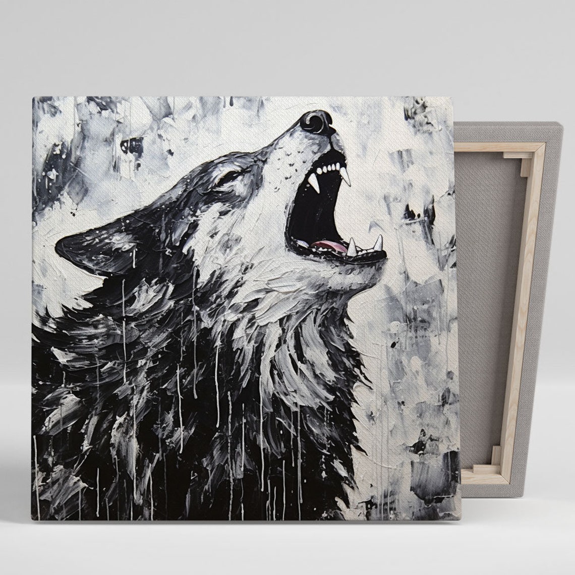 Howling Wolf Black White Splash Paint Dramatic Wildlife Wall Poster