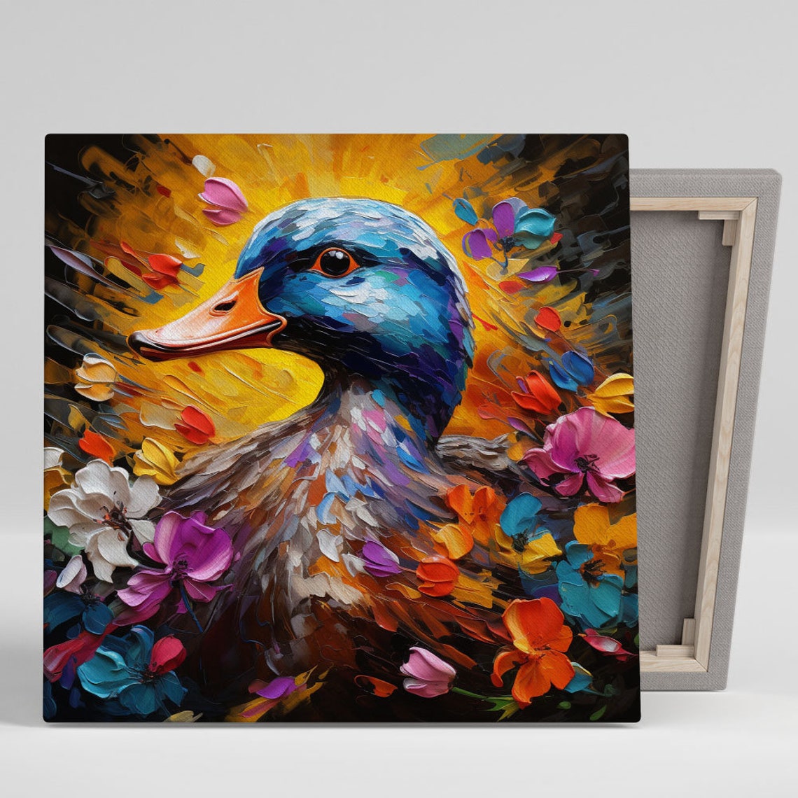 Colorful Duck Portrait Among Bright Flowers Impasto Bird Canvas Poster