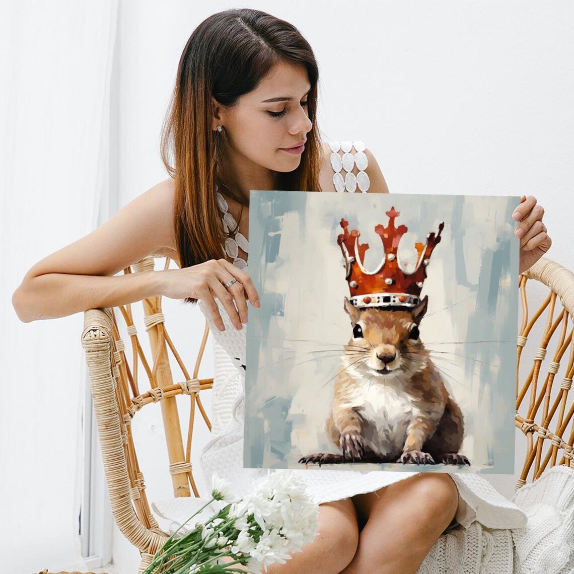 Crowned Squirrel King Portrait Jeweled Crown Watercolor Whimsical Wall Art Print - Image 3