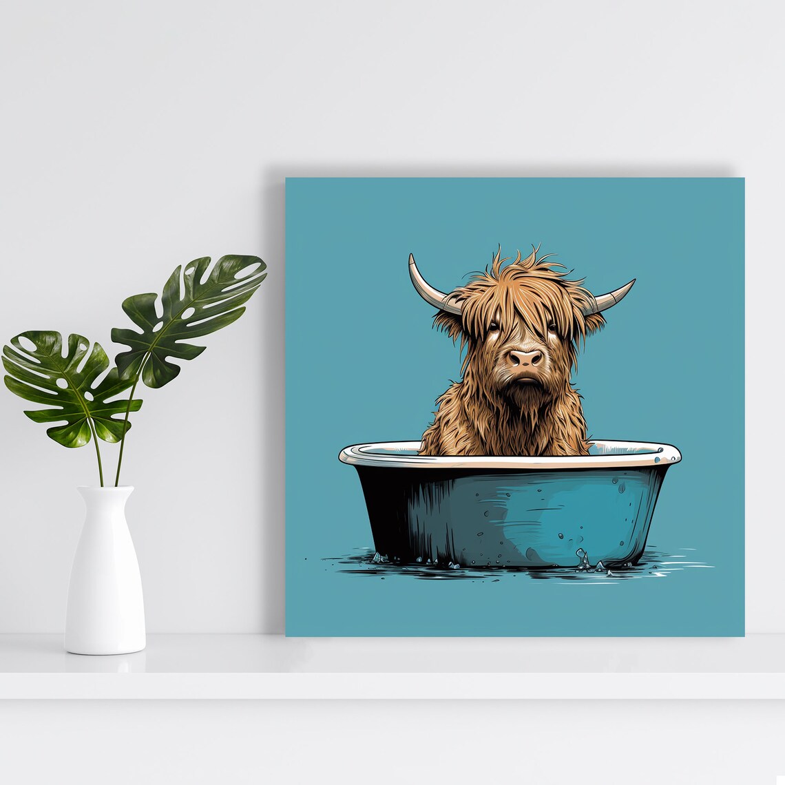 Highland Cow in Bathtub Turquoise Background Funny Farm Wall Poster - Image 2