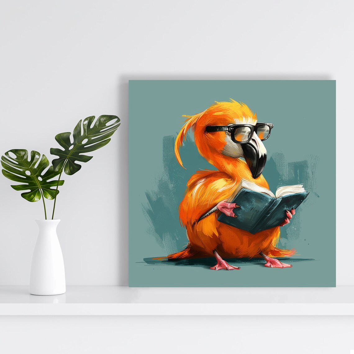 Scholarly Parrot Glasses Reading Book Orange Teal Library Wall Art Poster - Image 2