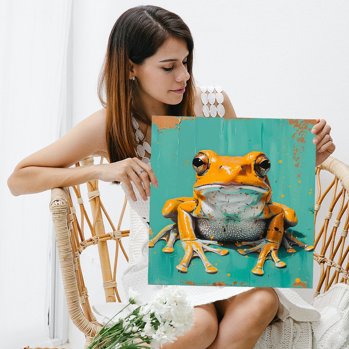 Golden Orange Frog On Teal Background Painterly Nature Wall Poster - Image 3