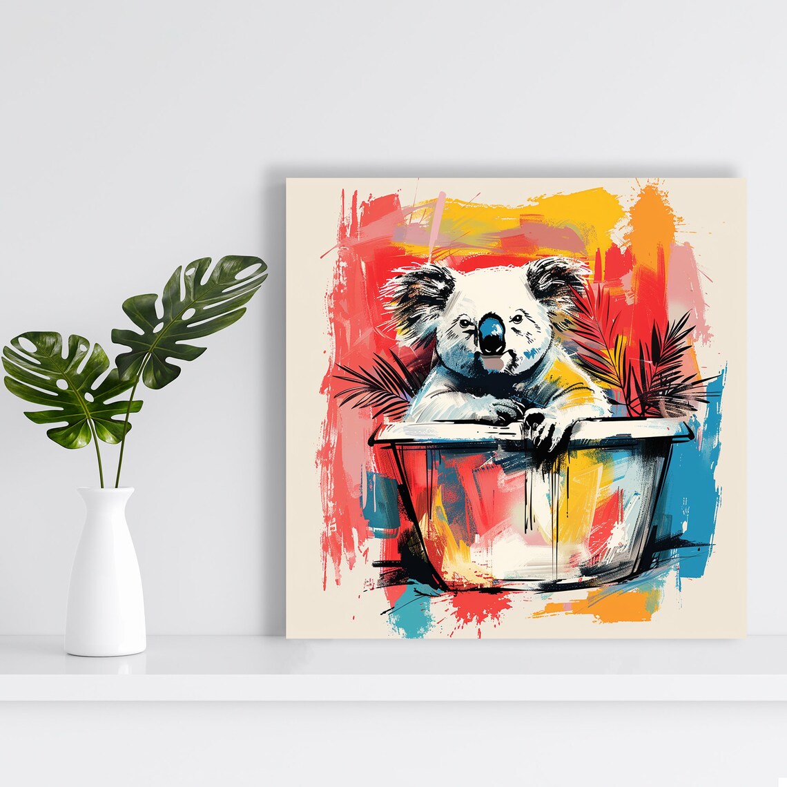 Koala Bear in Bucket Pop Art Brushstrokes Red Blue Yellow Fun Poster - Image 2