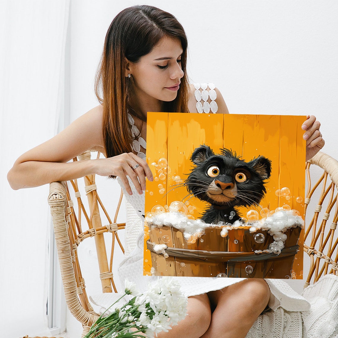 Black Kitten Bubble Bath Wooden Tub Cute Orange Nursery Poster - Image 3