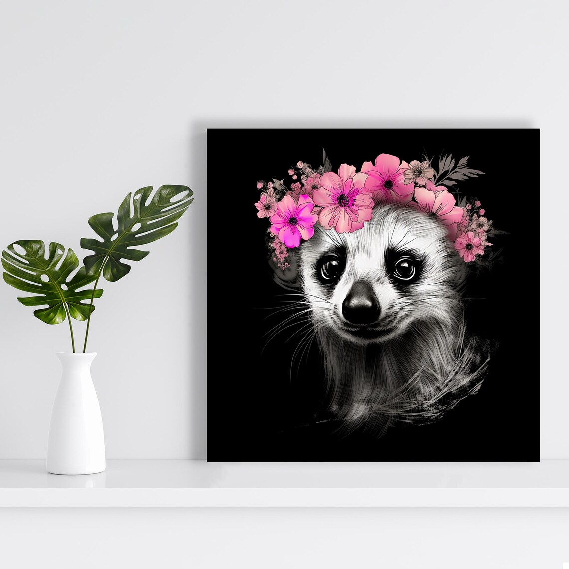 Raccoon Floral Crown Pink Flowers Black Background Animal Art Poster - Image 2