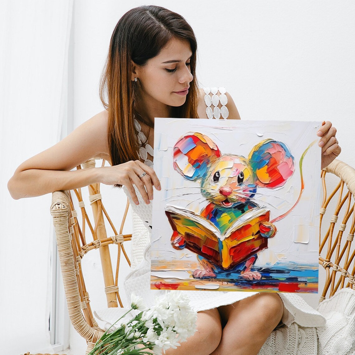 Colorful Reading Mouse Poster Rainbow Book Lover Impasto Kids Room Wall Art - Image 3
