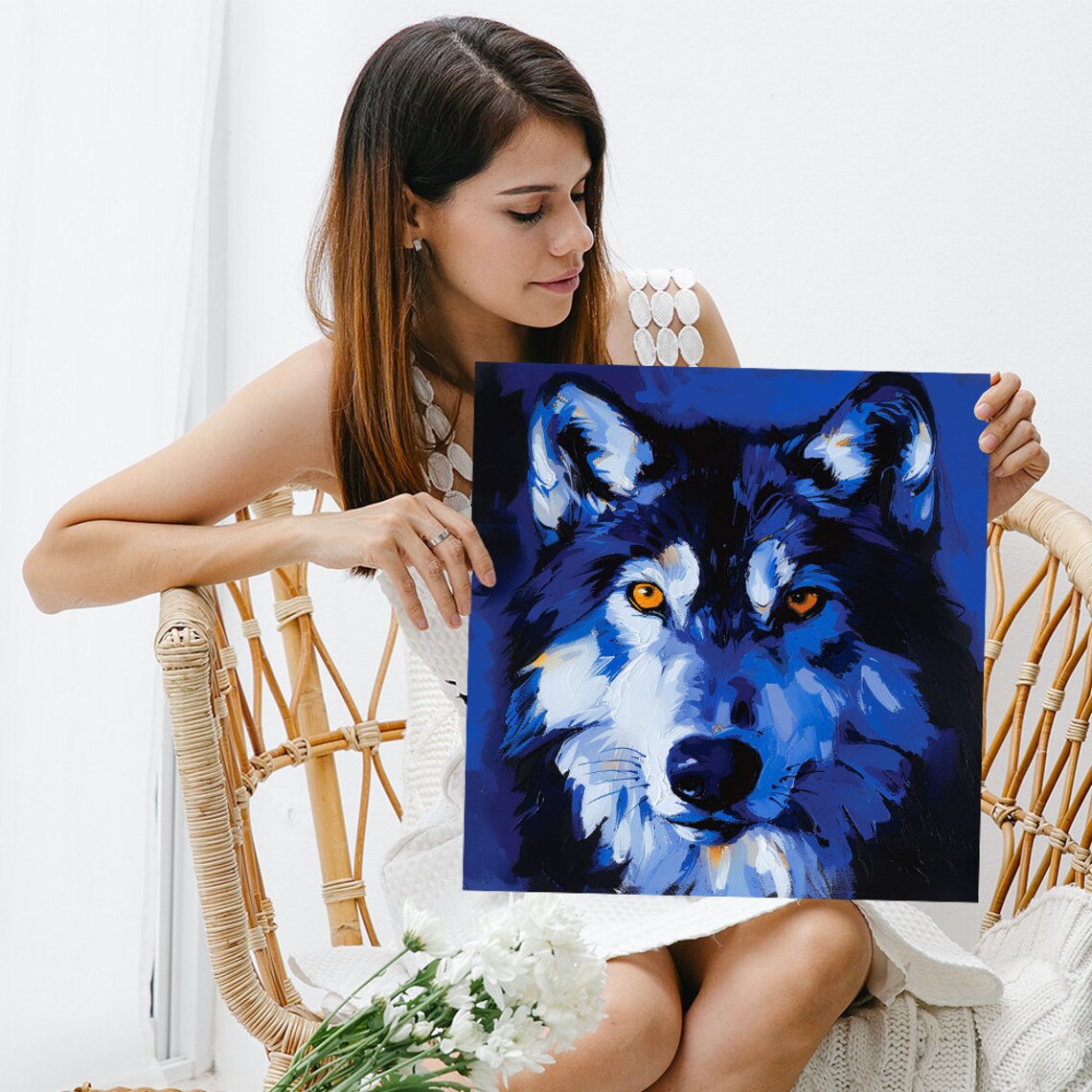 Midnight Blue Wolf Intense Amber Gaze Wild Animal Portrait Wall Poster - Image 3