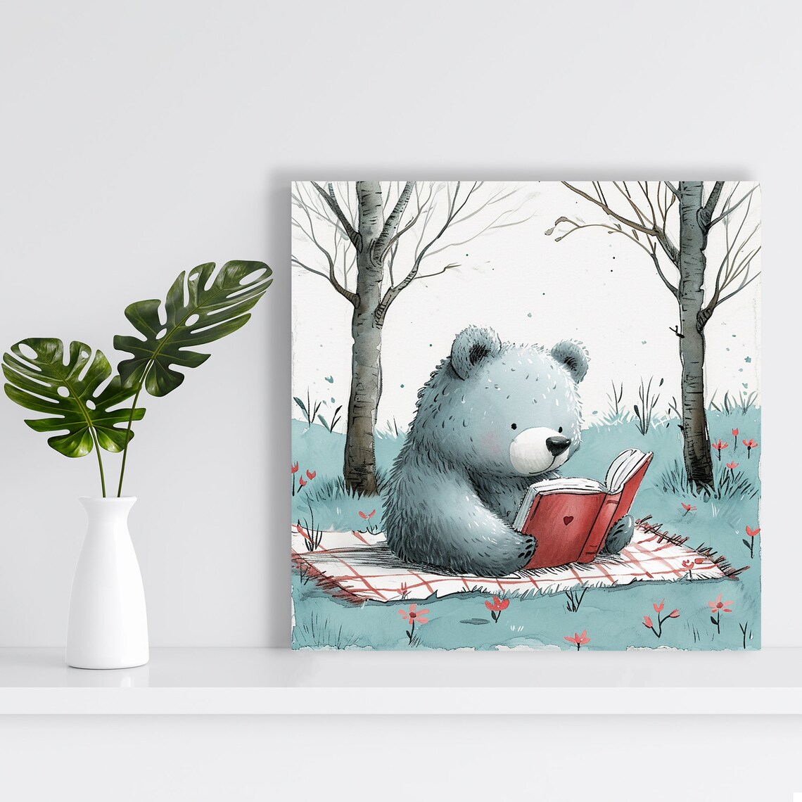 Cute Bear Cub Reading Red Book On Picnic Blanket Watercolor Kids Art Print - Image 2