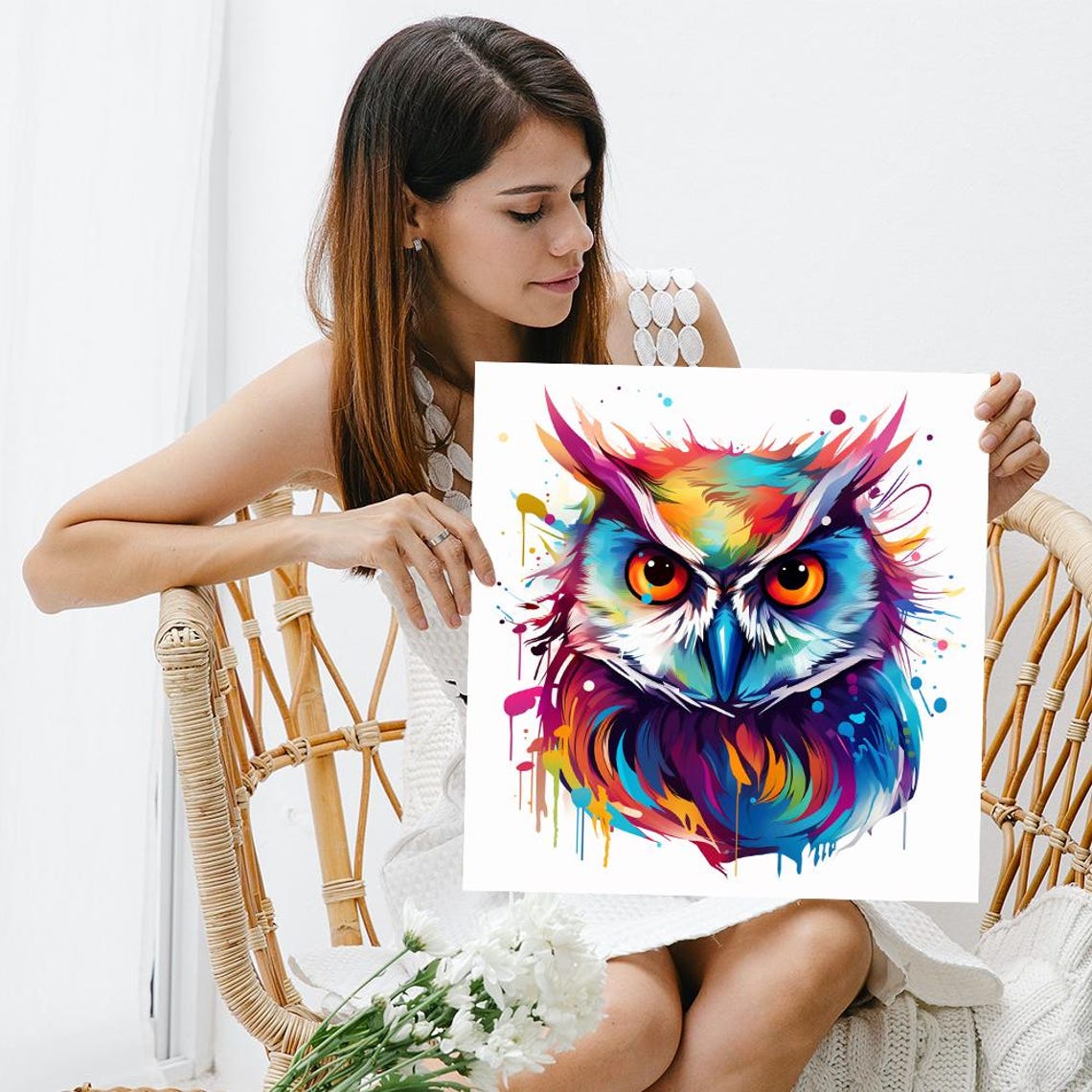 Rainbow Owl Watercolor Splash Multicolor Bird Portrait Wall Poster - Image 3