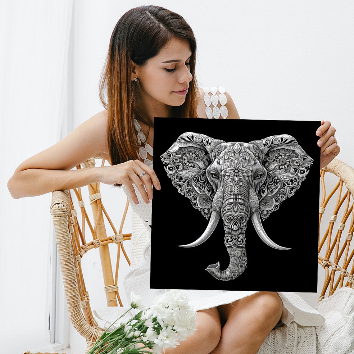 Silver Elephant Mandala Head Intricate Zentangle Black White Poster - Image 3