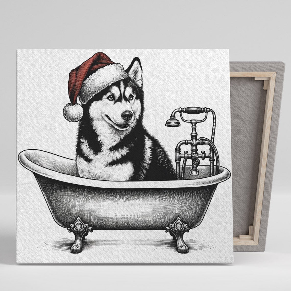 Husky Santa Hat Vintage Bathtub Christmas Dog Sketch Wall Poster