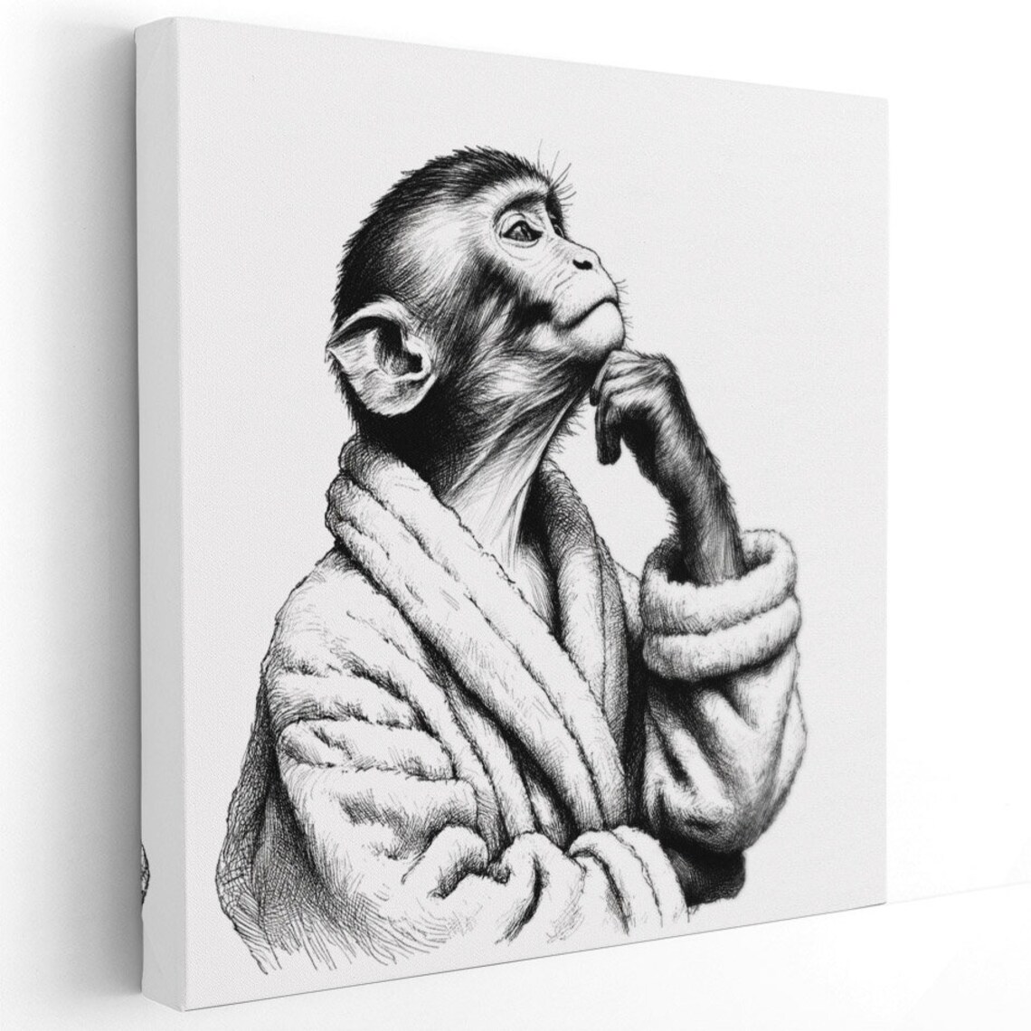 Thoughtful Monkey In Bathrobe Resting Chin On Hand Black And White Art Poster - Image 4