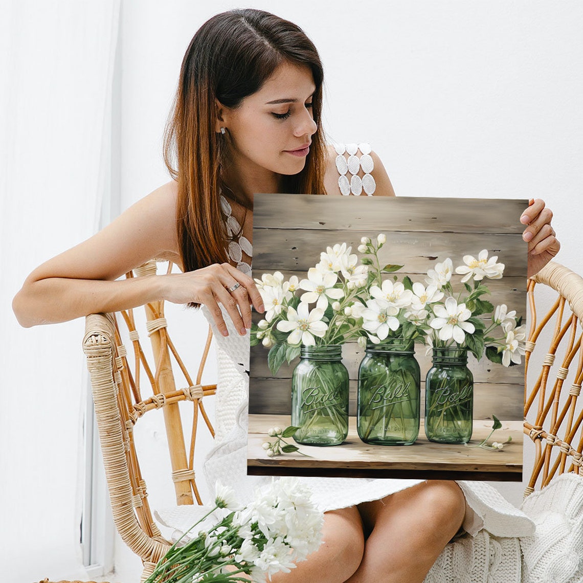 White Flowers Mason Jars Rustic Wood Farmhouse Botanical Poster - Image 3