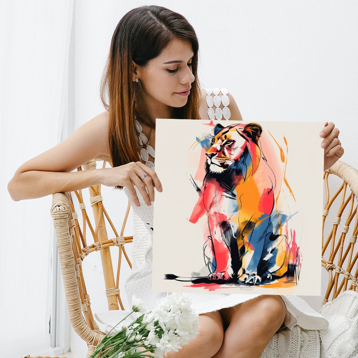 Colorful Abstract Lion Red Blue Orange Modern Wildlife Art Poster - Image 3