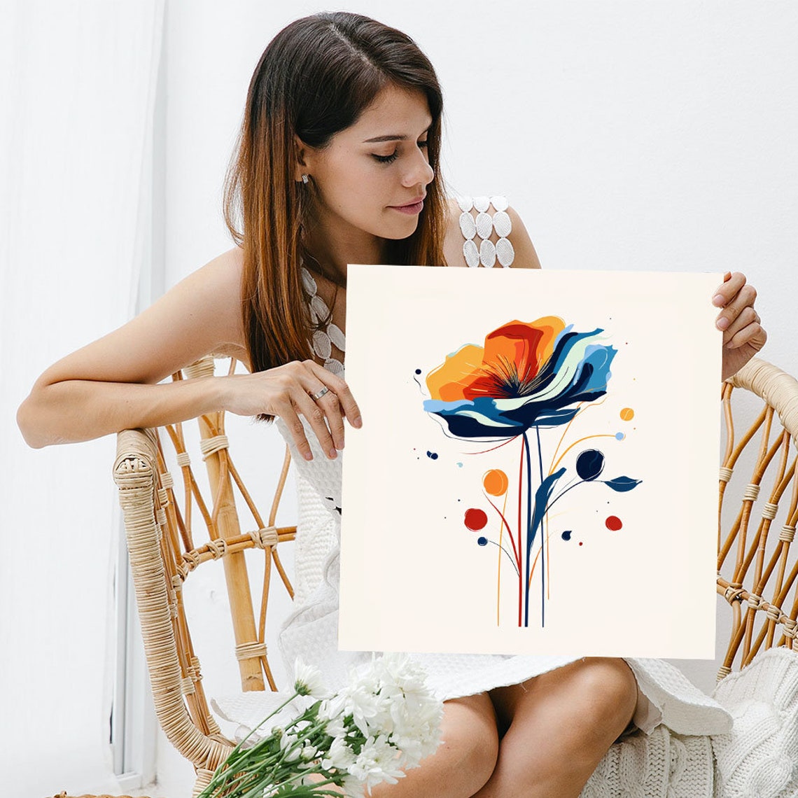 Stylized Abstract Floral Bloom Orange Blue Modern Botanical Poster - Image 3
