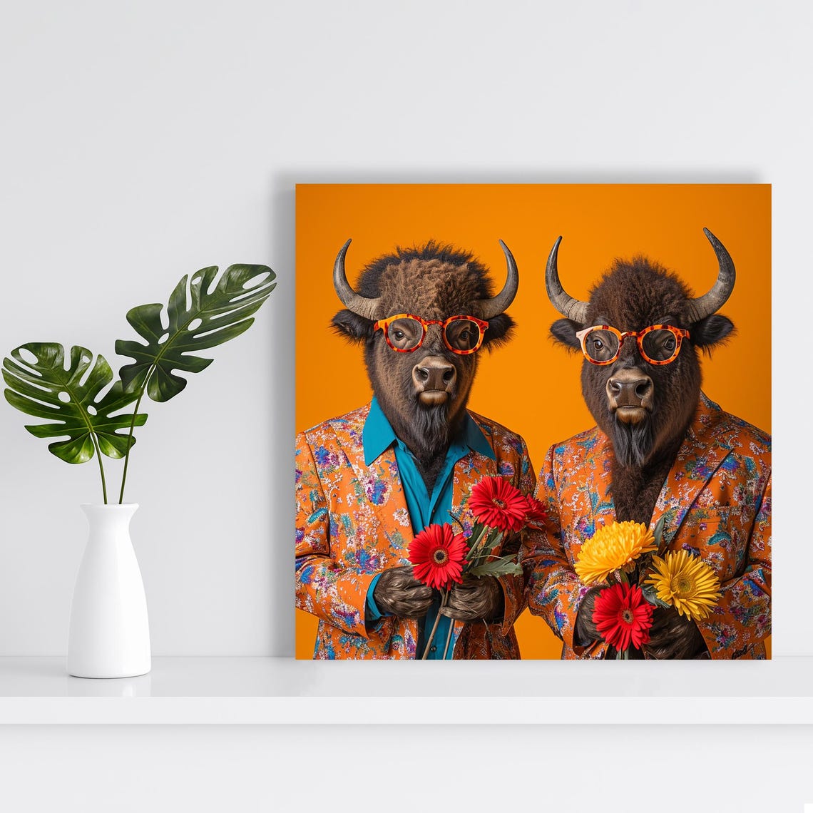Funny Bison Duo Suits Glasses Flowers Quirky Orange Wall Art Poster - Image 2