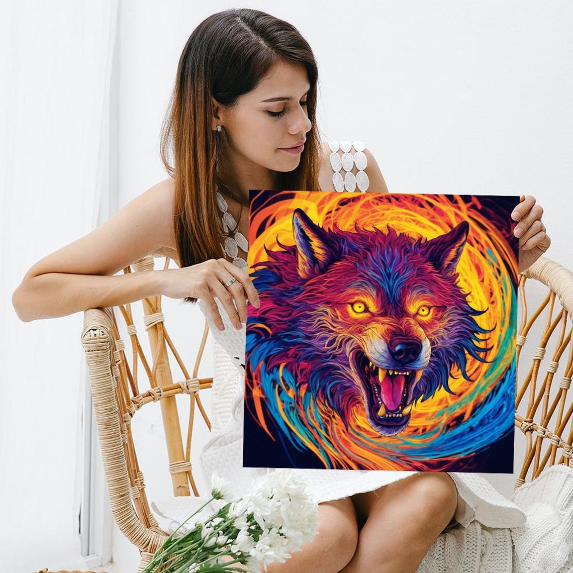 Fierce Snarling Wolf Head Neon Rainbow Flame Swirl Animal Art Poster - Image 3