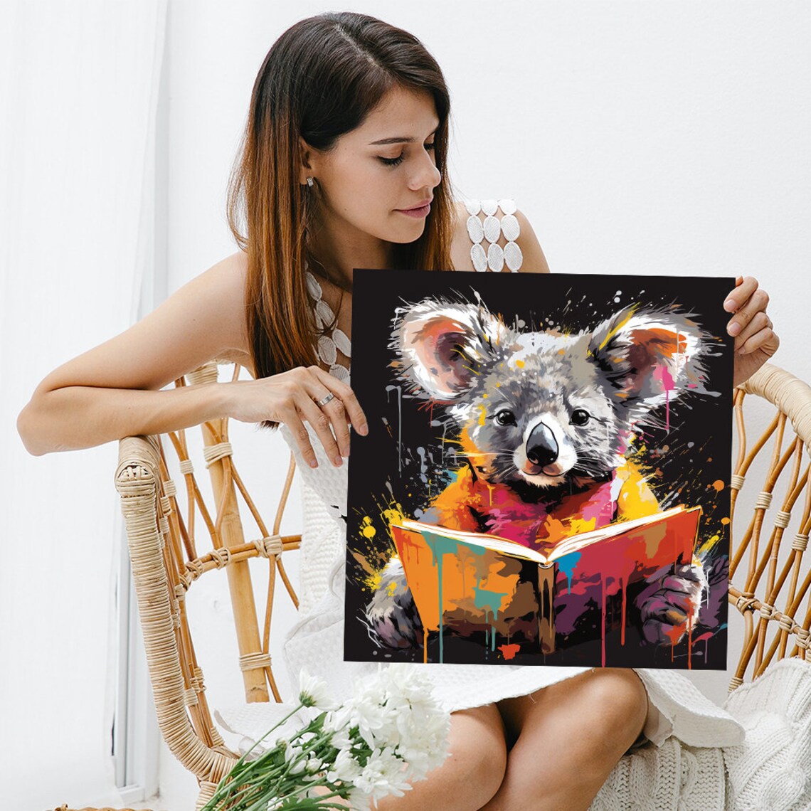 Colorful Koala Reading a Book Paint Splatter Art Poster for Book Lovers - Image 3