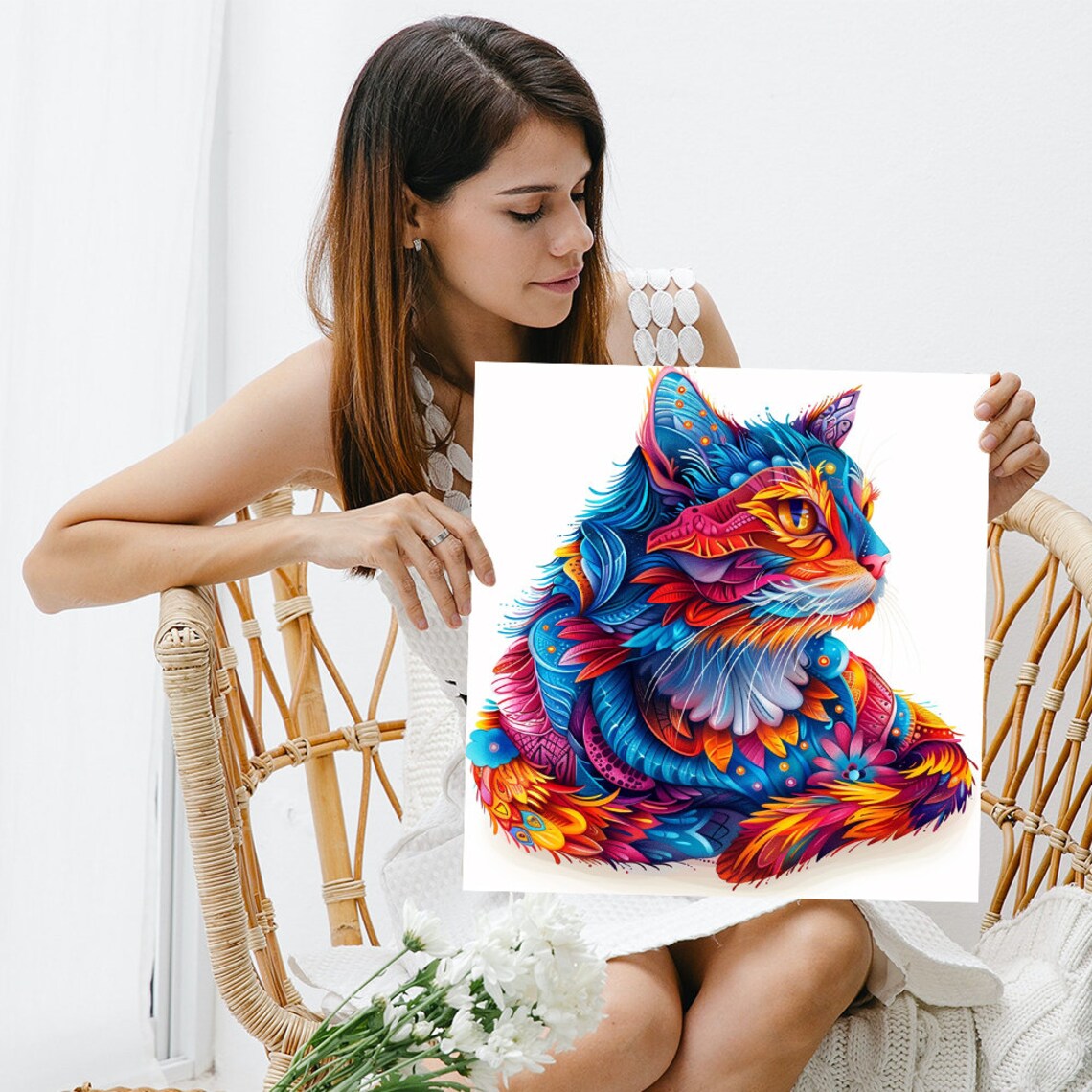 Kaleidoscopic Cat Head Blue Red Orange Swirl Colorful Feline Art Poster - Image 3