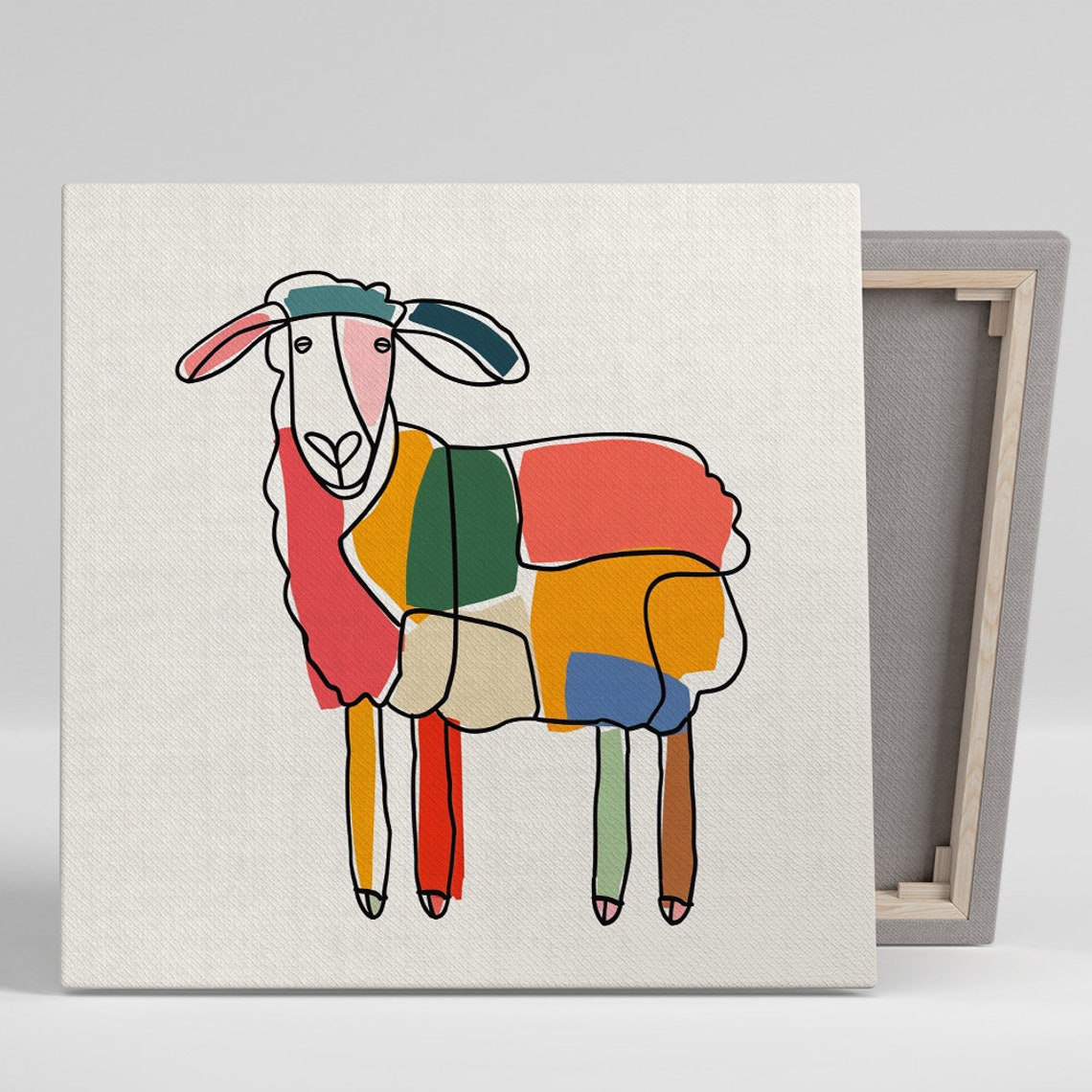 Minimalist Sheep Line Art Color Block Patches Whimsical Nursery Poster