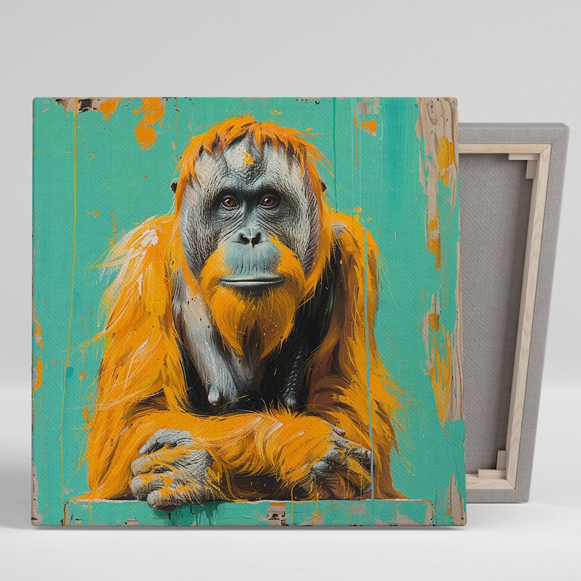 Orangutan Portrait Orange Fur on Teal Painterly Jungle Animal Poster